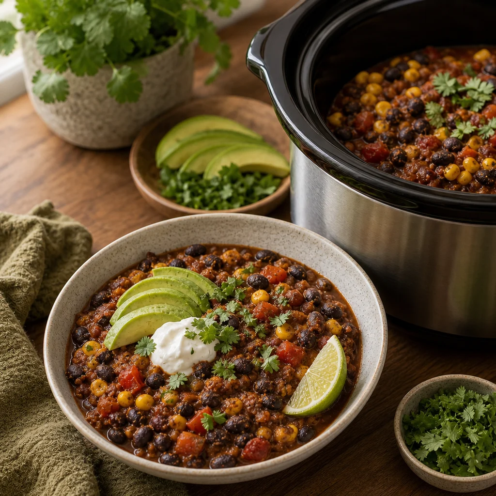 Slow Cooker Smoky Black Bean and Sweet Corn Chili cooking in the recommended pan or pot
