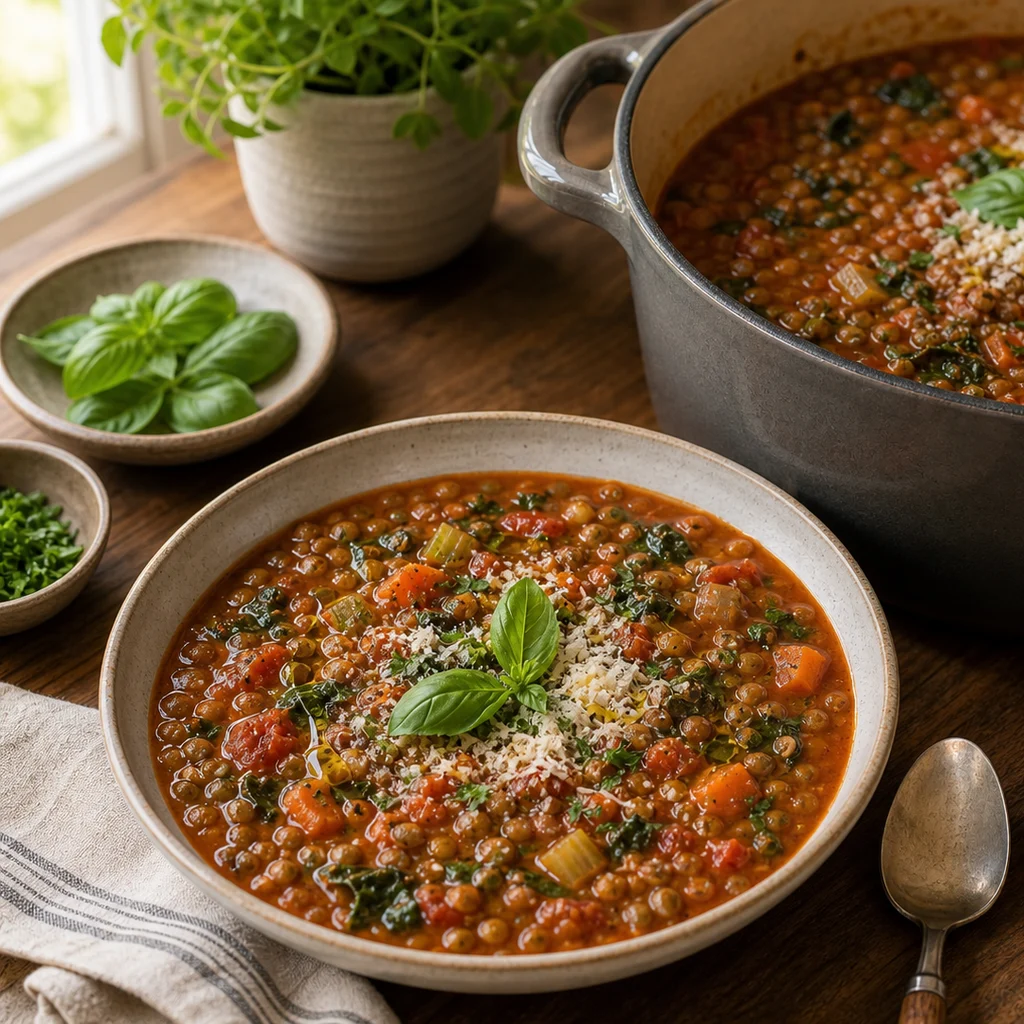 One-Pot Rustic Italian Lentil and Tomato Soup cooking in the recommended pan or pot