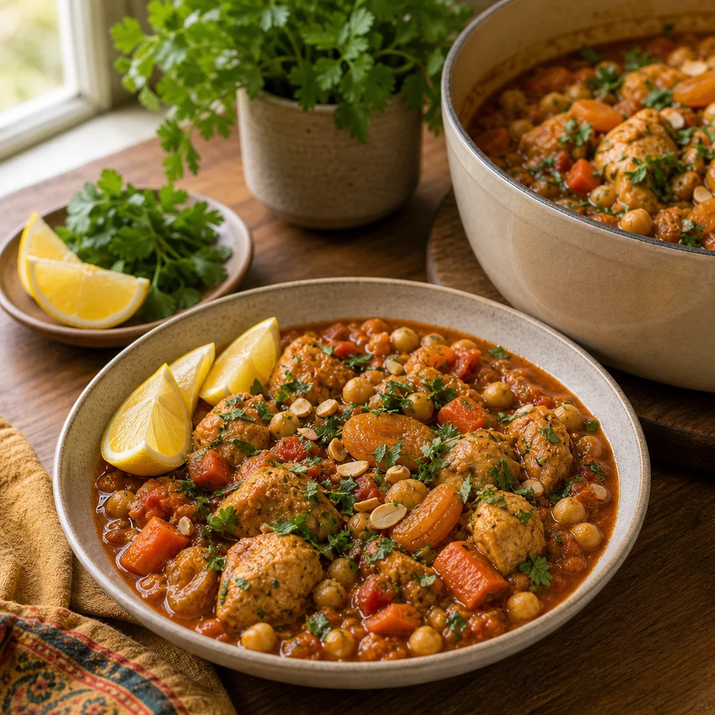 One-Pot Hearty Turkey and Chickpea Tagine cooking in the recommended pan or pot