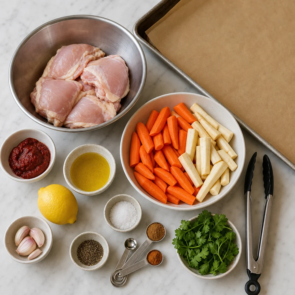 Ingredients for Sheet Pan Harissa Spiced Chicken Thighs with Roasted Carrots and Parsnips