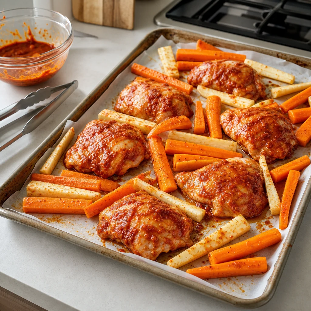Sheet Pan Harissa Spiced Chicken Thighs with Roasted Carrots and Parsnips cooking in the recommended pan or pot
