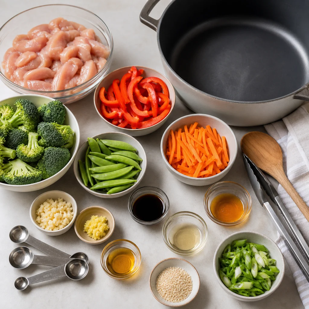 Ingredients for One-Pot Asian-Inspired Sesame Chicken and Vegetable Stir-Fry