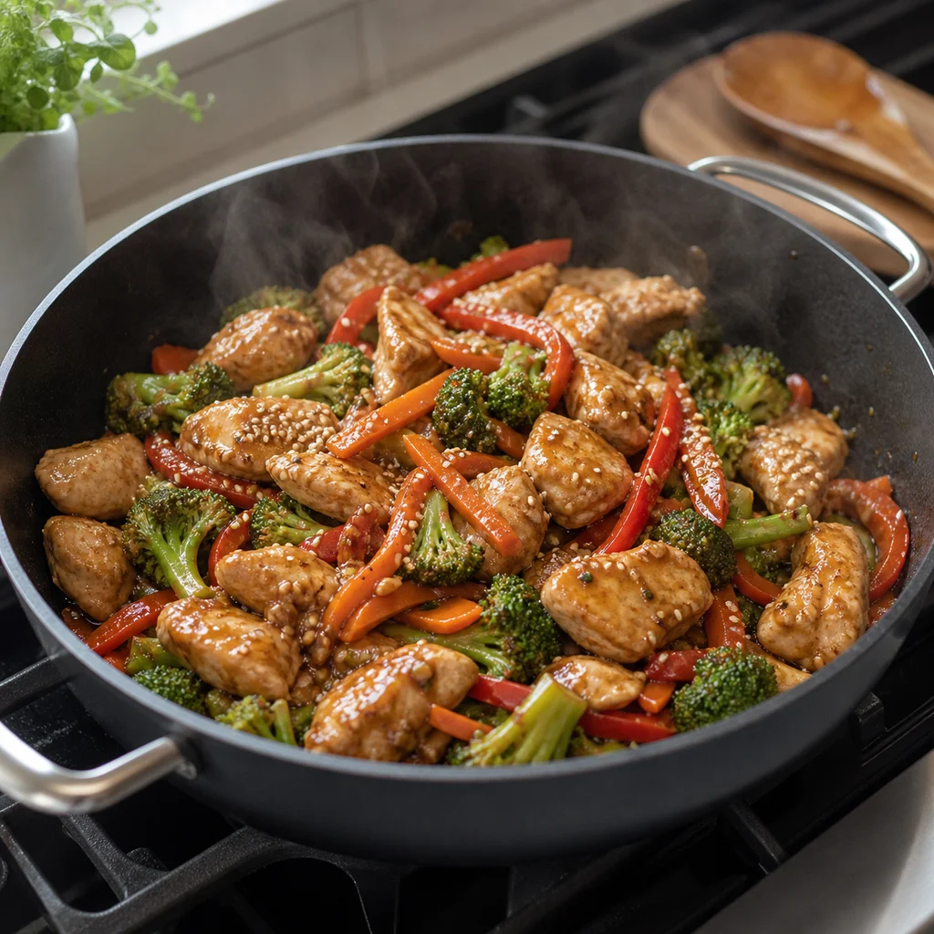 One-Pot Asian-Inspired Sesame Chicken and Vegetable Stir-Fry cooking in the recommended pan or pot