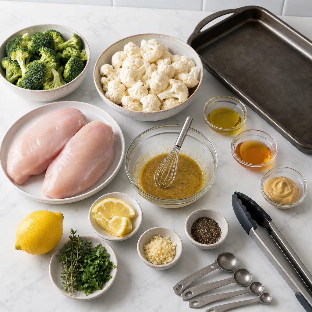 Ingredients for One-Pan Dijon Mustard Glazed Chicken Breast with Roasted Cauliflower and Broccoli