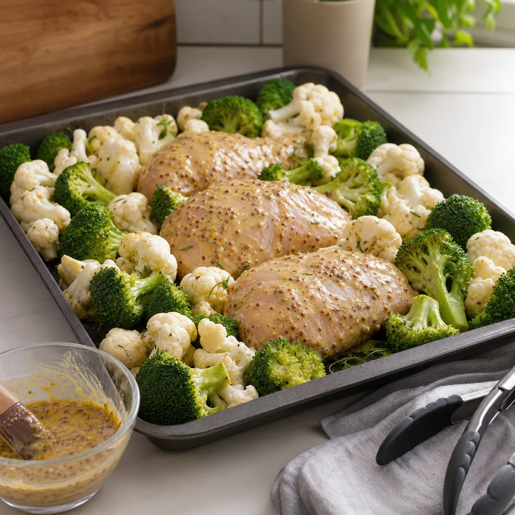 One-Pan Dijon Mustard Glazed Chicken Breast with Roasted Cauliflower and Broccoli cooking in the recommended pan or pot