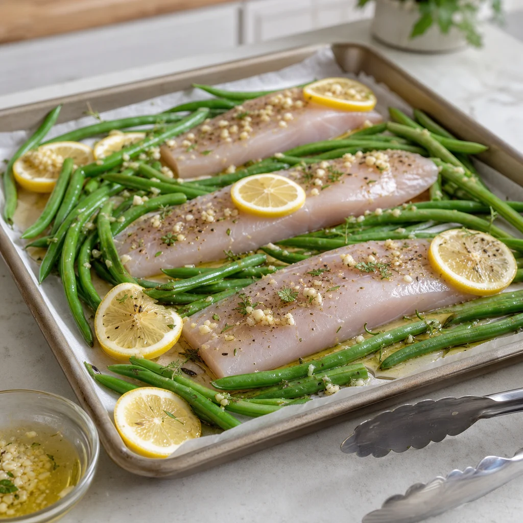 Pescatarian Sheet Pan Mahi Mahi with Garlic Lemon Green Beans cooking in the recommended pan or pot