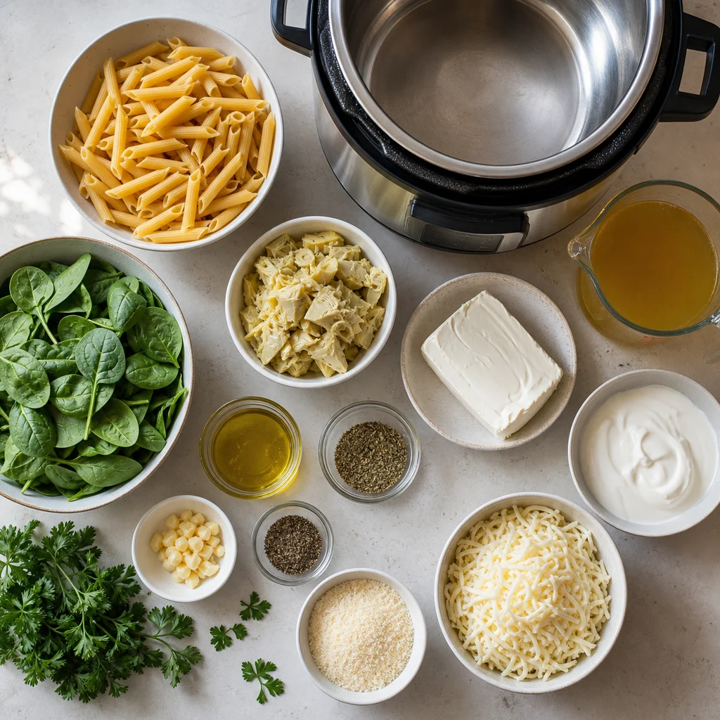 Ingredients for Instant Pot Creamy Spinach and Artichoke Dip Pasta