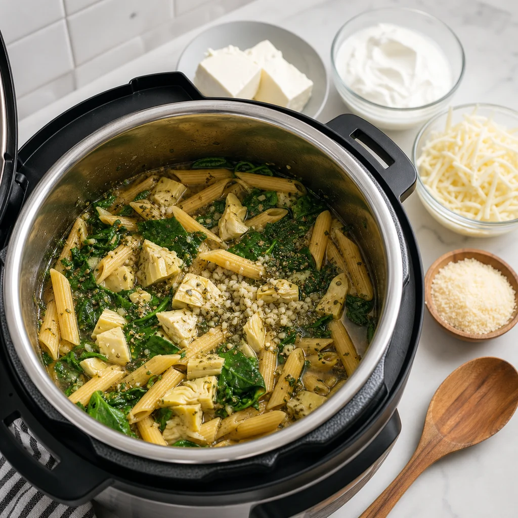 Instant Pot Creamy Spinach and Artichoke Dip Pasta cooking in the recommended pan or pot