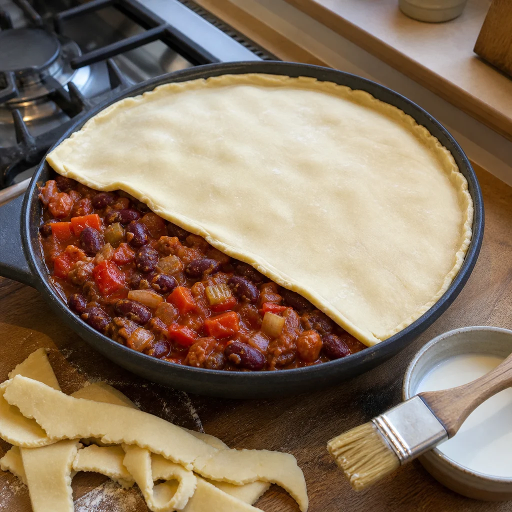 Classic British Baked Kidney Bean and Tomato Pie cooking in the recommended pan or pot
