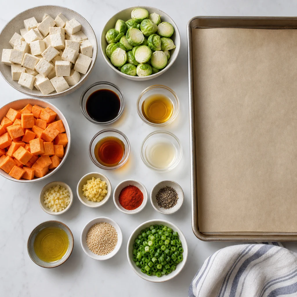 Ingredients for Sheet Pan Spiced Tofu with Roasted Brussels Sprouts and Sweet Potatoes