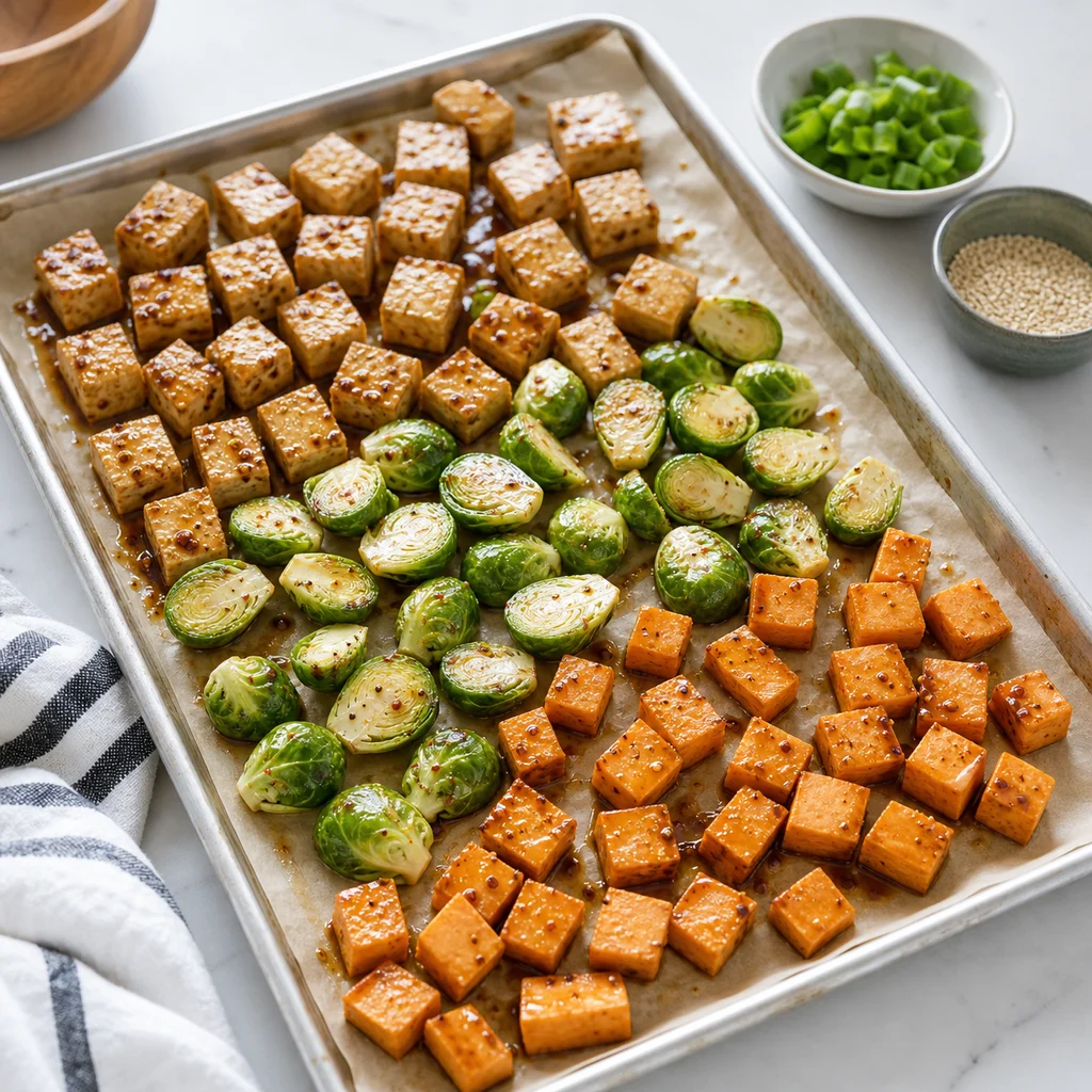 Sheet Pan Spiced Tofu with Roasted Brussels Sprouts and Sweet Potatoes cooking in the recommended pan or pot