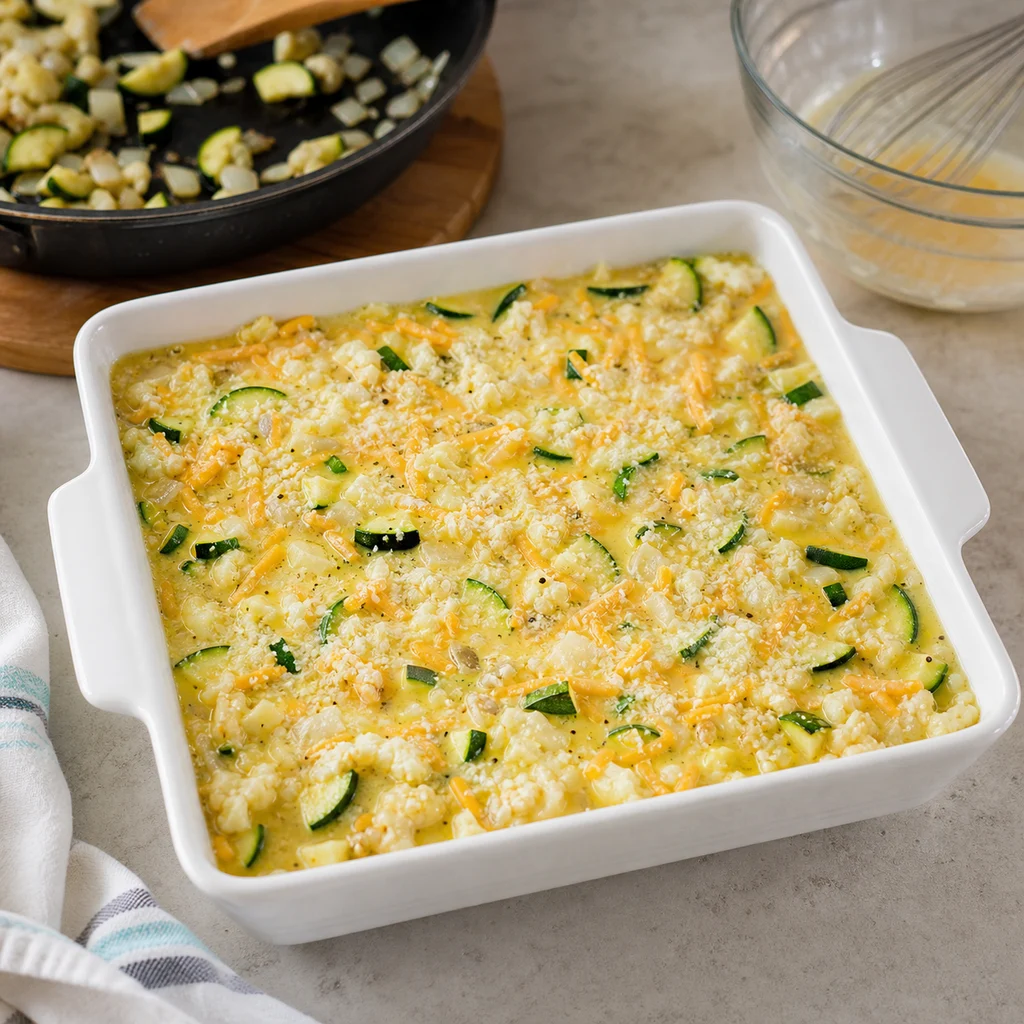 Cheesy Zucchini and Cauliflower Breakfast Bake cooking in the recommended pan or pot