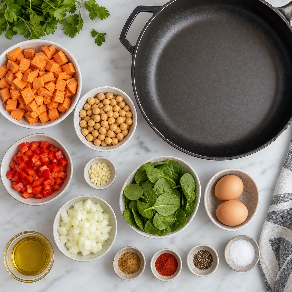Ingredients for Skillet Sweet Potato and Chickpea Breakfast Hash