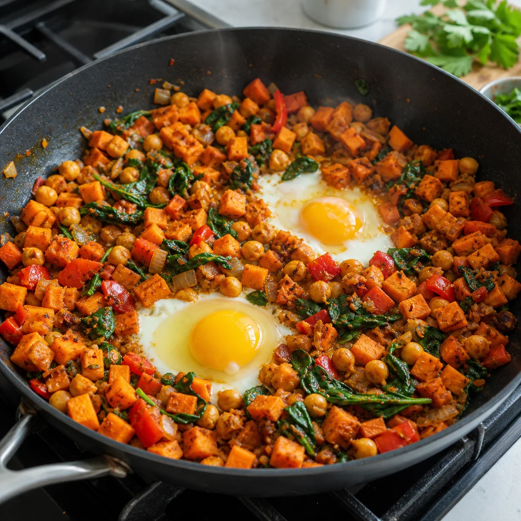 Skillet Sweet Potato and Chickpea Breakfast Hash cooking in the recommended pan or pot