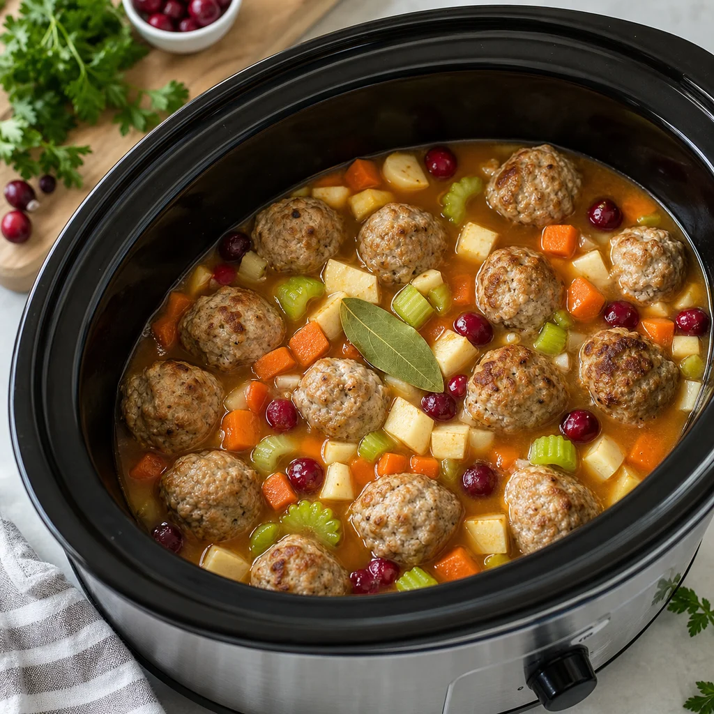 Slow Cooker Tangy Cranberry Turkey Meatball Stew cooking in the recommended pan or pot