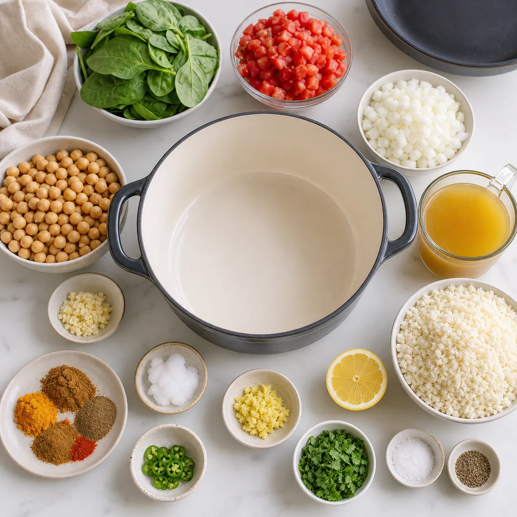 Ingredients for One-Pot Quick Chickpea and Spinach Curry with Cauliflower Rice