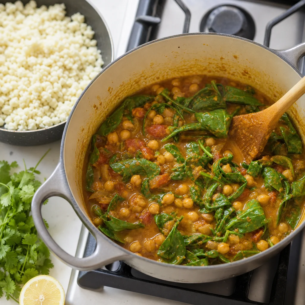 One-Pot Quick Chickpea and Spinach Curry with Cauliflower Rice cooking in the recommended pan or pot