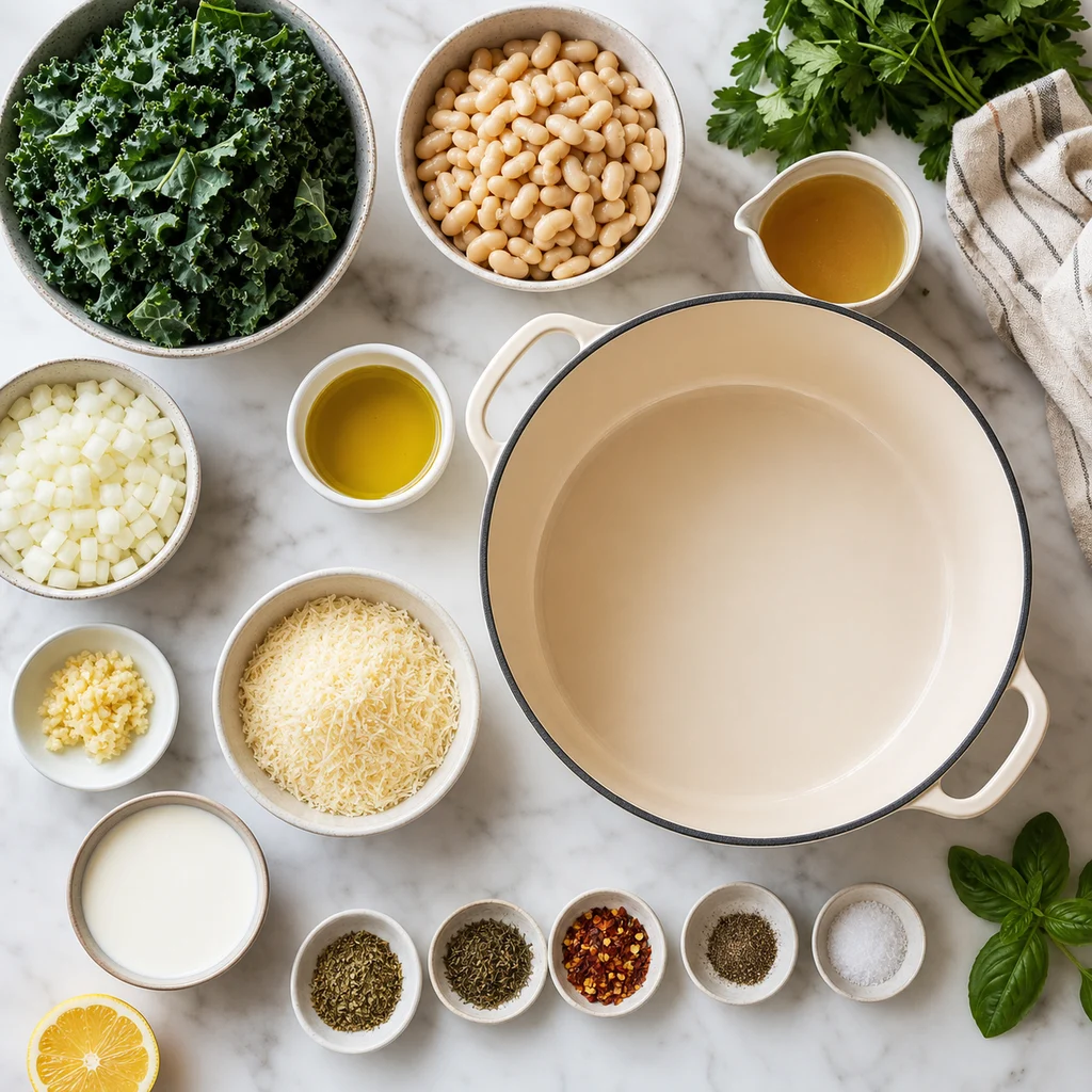 Ingredients for One-Pot Creamy White Bean and Kale Soup with Parmesan Crust