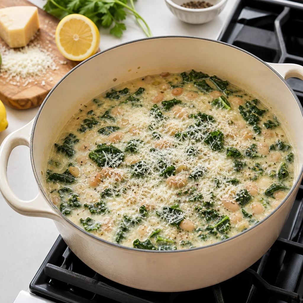 One-Pot Creamy White Bean and Kale Soup with Parmesan Crust cooking in the recommended pan or pot