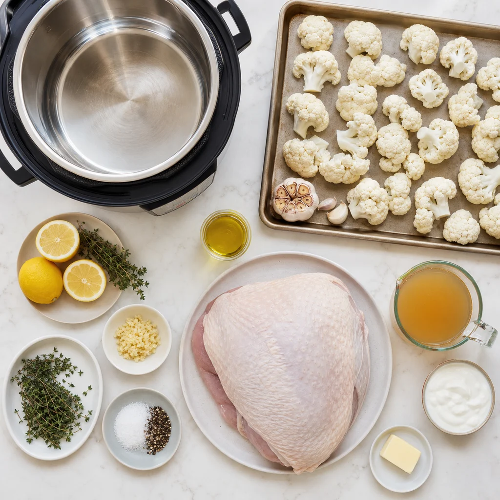 Ingredients for Instant Pot Lemon Thyme Turkey Breast with Roasted Garlic Mashed Cauliflower