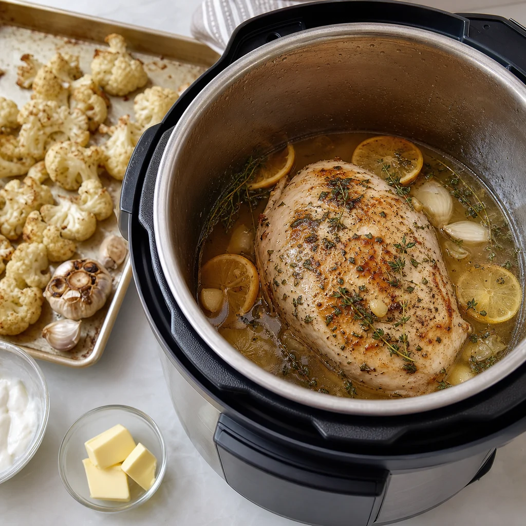 Instant Pot Lemon Thyme Turkey Breast with Roasted Garlic Mashed Cauliflower cooking in the recommended pan or pot