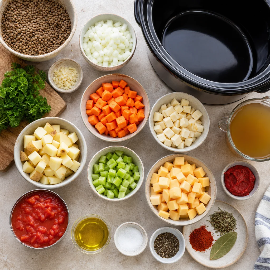 Ingredients for Slow Cooker French Lentil and Root Vegetable Cassoulet