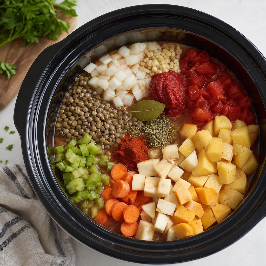 Slow Cooker French Lentil and Root Vegetable Cassoulet cooking in the recommended pan or pot