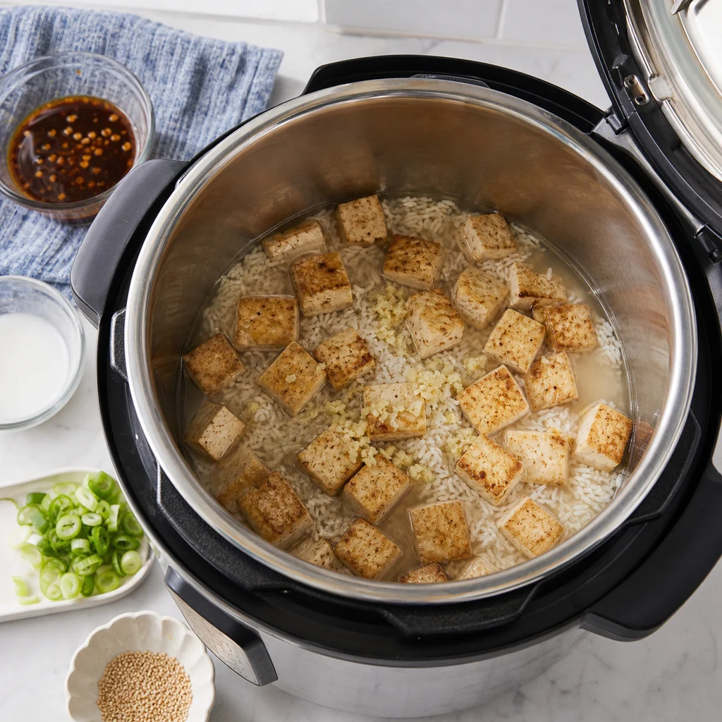 Instant Pot Orange-Glazed Tofu with Ginger Rice cooking in the recommended pan or pot