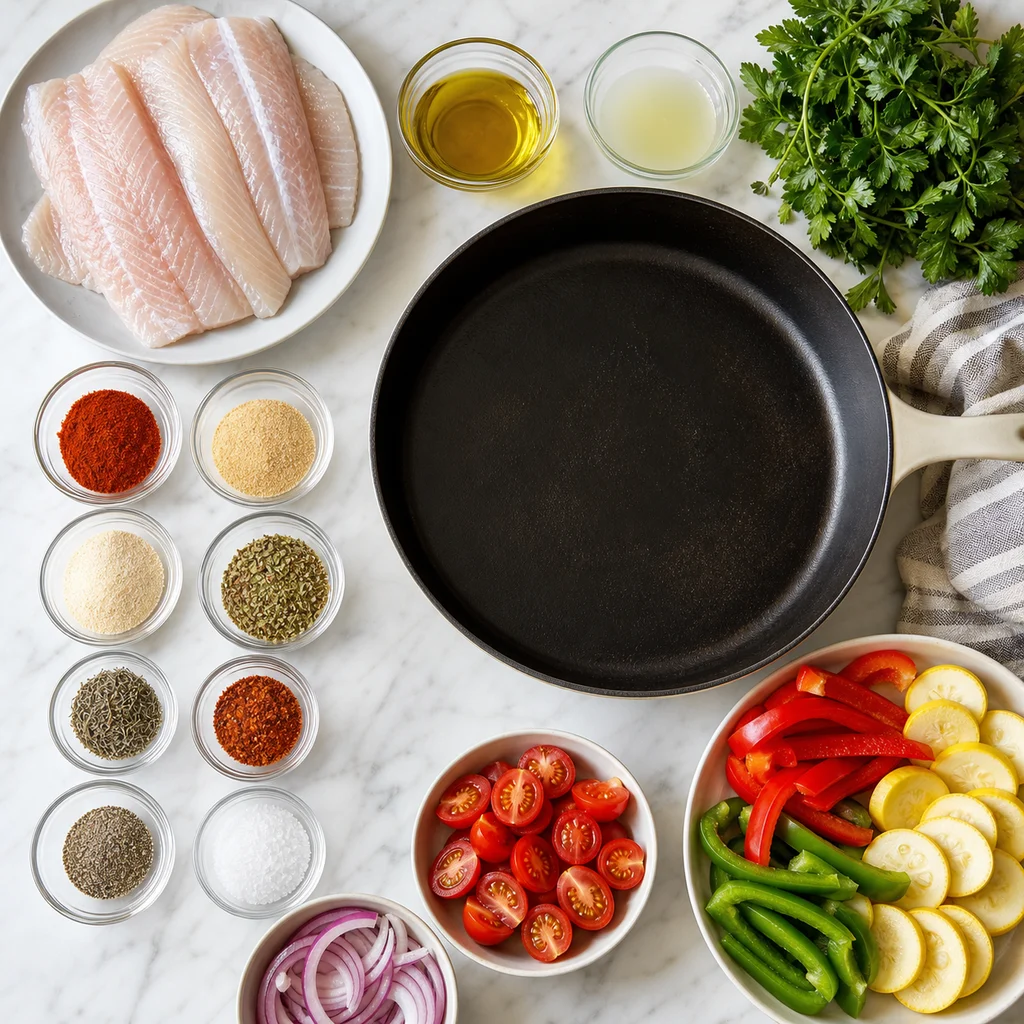 Ingredients for Skillet Blackened Catfish with Cajun-Spiced Roasted Vegetables
