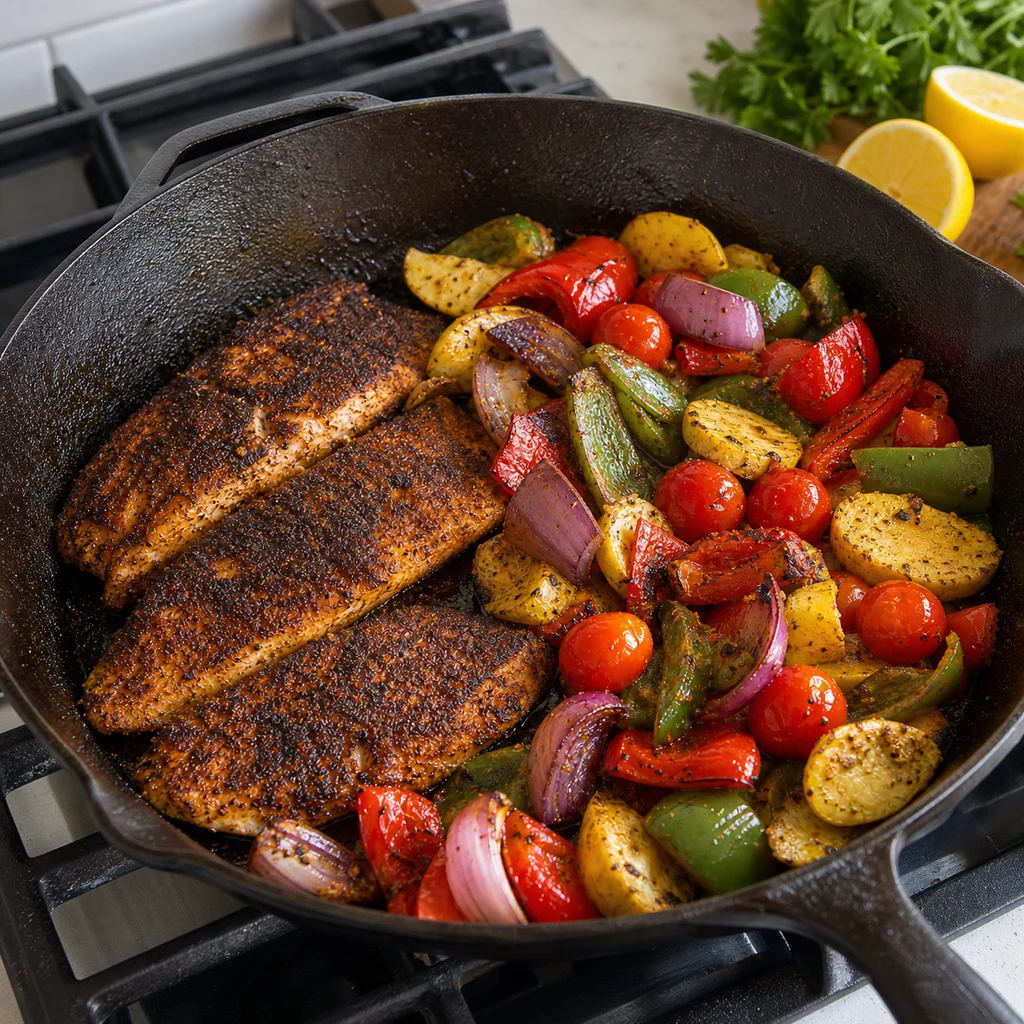 Skillet Blackened Catfish with Cajun-Spiced Roasted Vegetables cooking in the recommended pan or pot