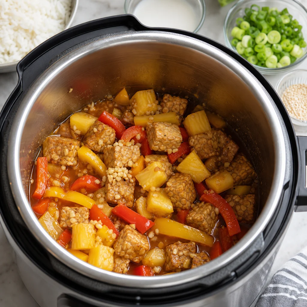 Instant Pot Sweet and Sour Tempeh with Pineapple and Bell Peppers cooking in the recommended pan or pot