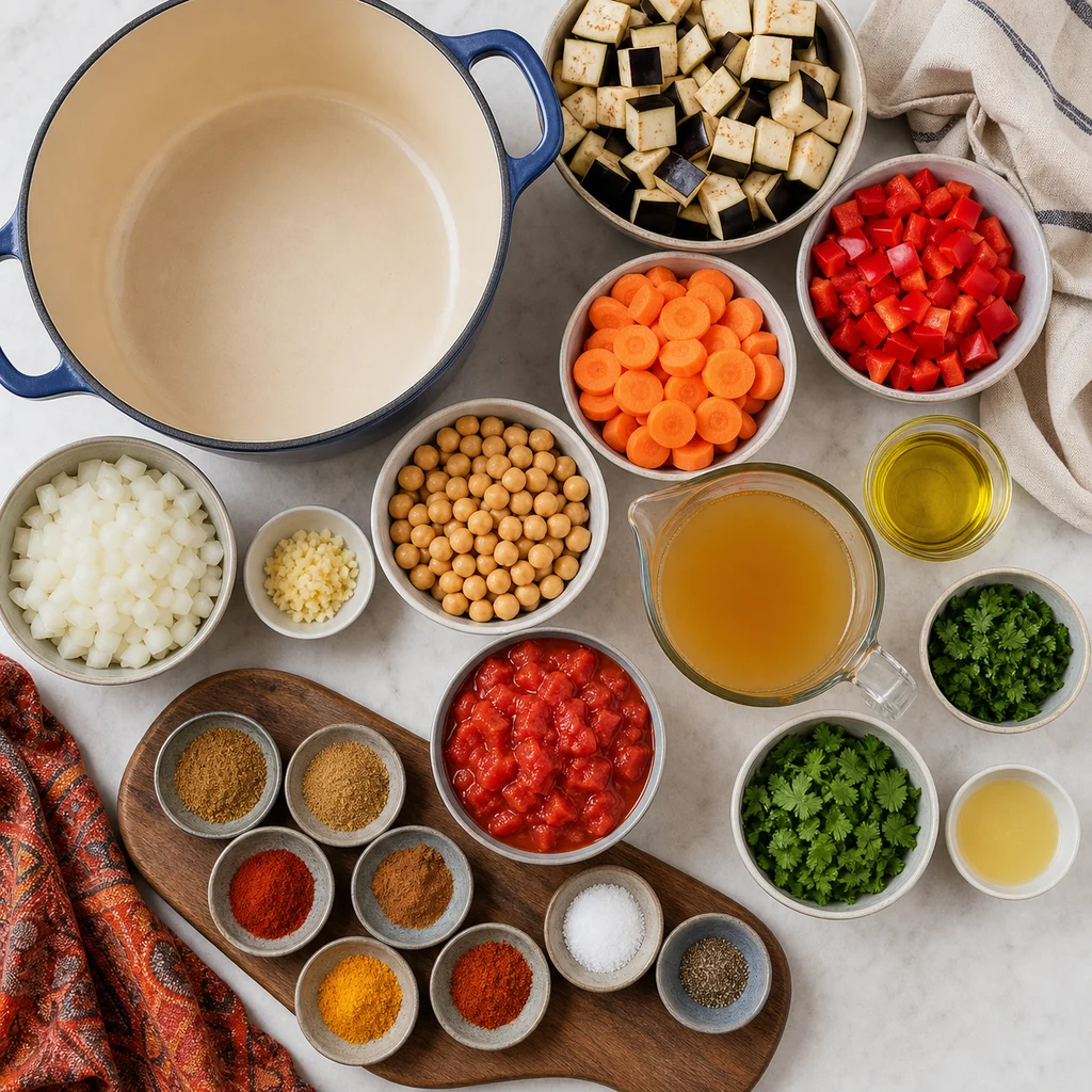 Ingredients for One-Pot Moroccan-Spiced Eggplant and Chickpea Tagine