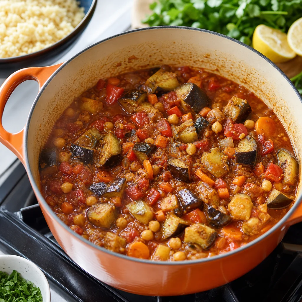 One-Pot Moroccan-Spiced Eggplant and Chickpea Tagine cooking in the recommended pan or pot