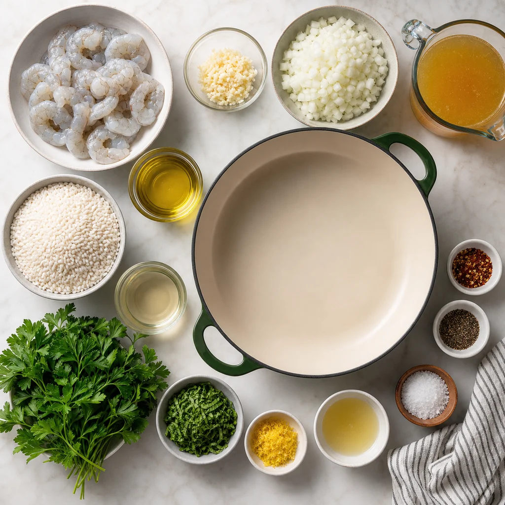 Ingredients for One-Pot Herb and Garlic Shrimp Risotto