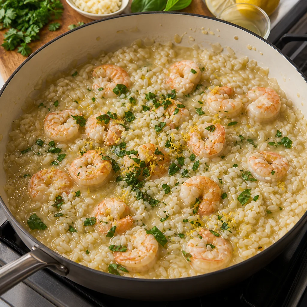 One-Pot Herb and Garlic Shrimp Risotto cooking in the recommended pan or pot