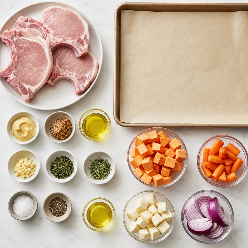 Ingredients for Sheet Pan Mustard and Herb-Crusted Pork Chops with Roasted Root Vegetables