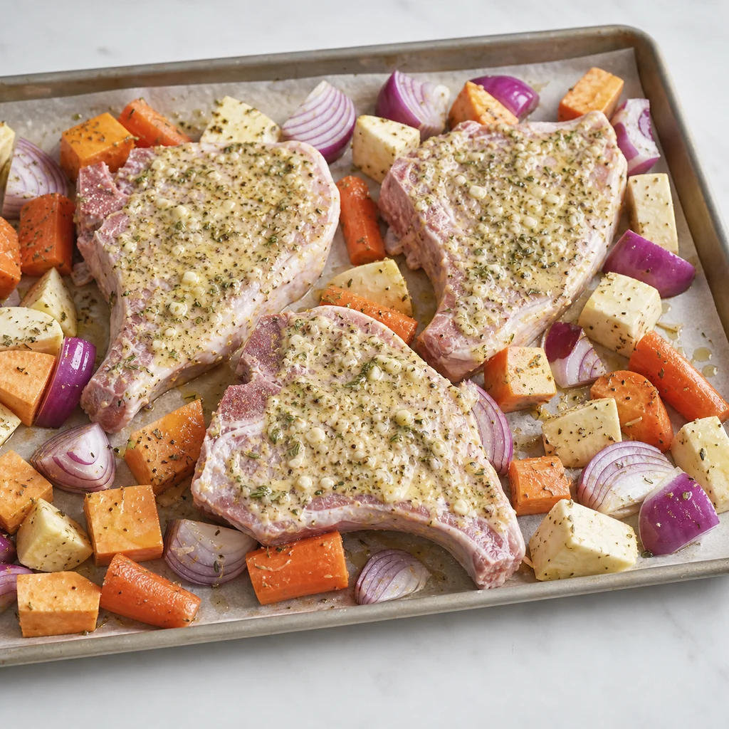 Sheet Pan Mustard and Herb-Crusted Pork Chops with Roasted Root Vegetables cooking in the recommended pan or pot