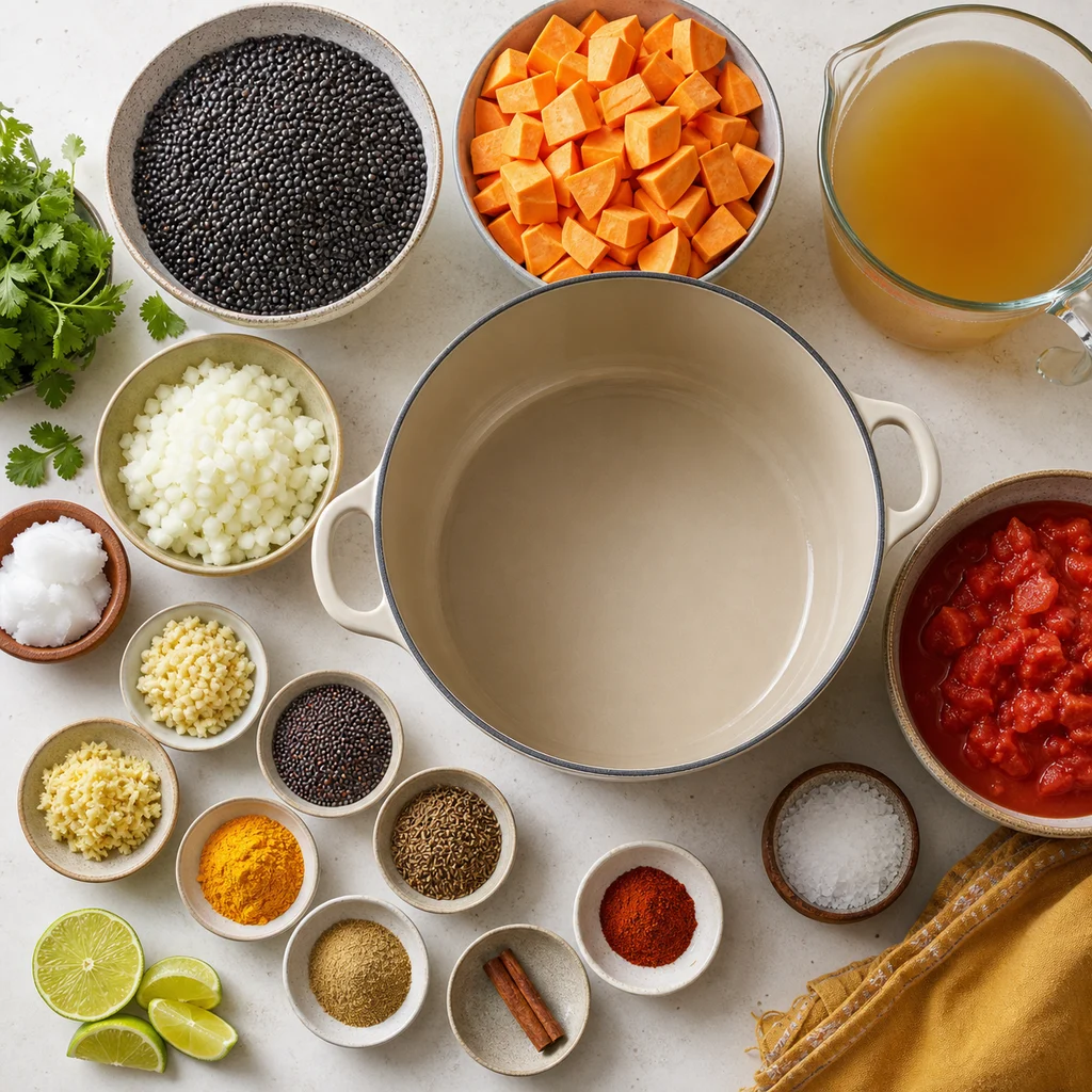 Ingredients for One-Pot Sweet Potato and Black Lentil Dahl