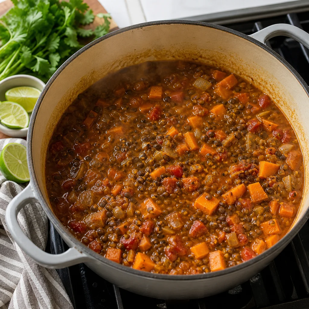 One-Pot Sweet Potato and Black Lentil Dahl cooking in the recommended pan or pot