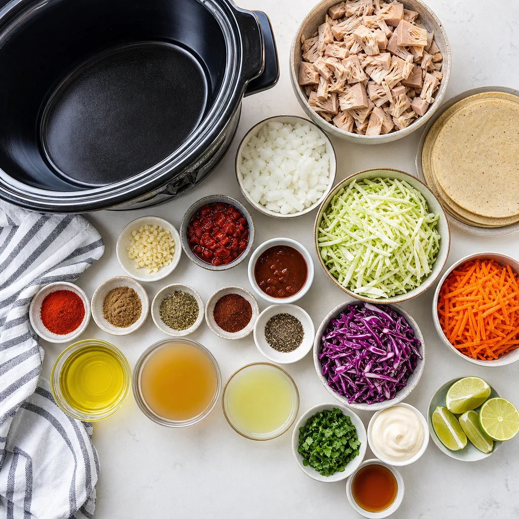 Ingredients for Slow Cooker Pulled Jackfruit Tacos with Spicy Slaw