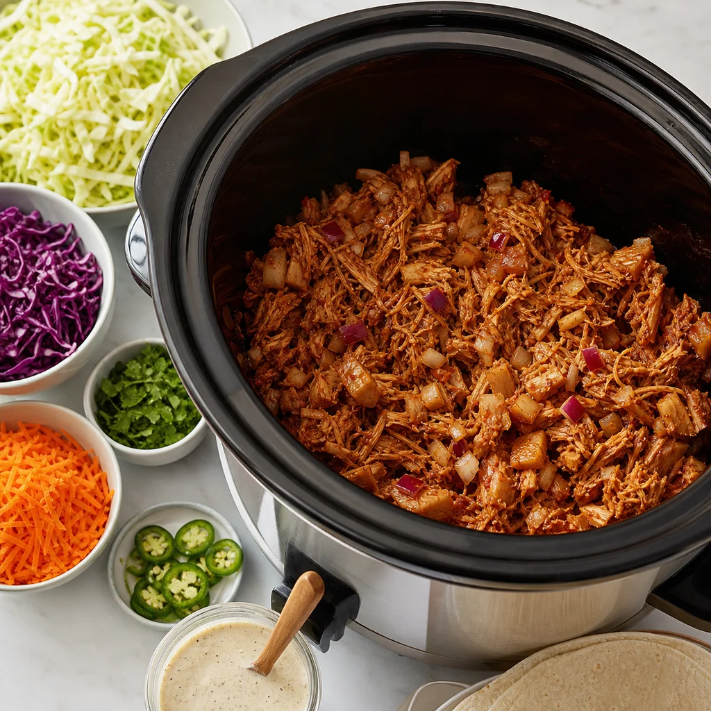Slow Cooker Pulled Jackfruit Tacos with Spicy Slaw cooking in the recommended pan or pot
