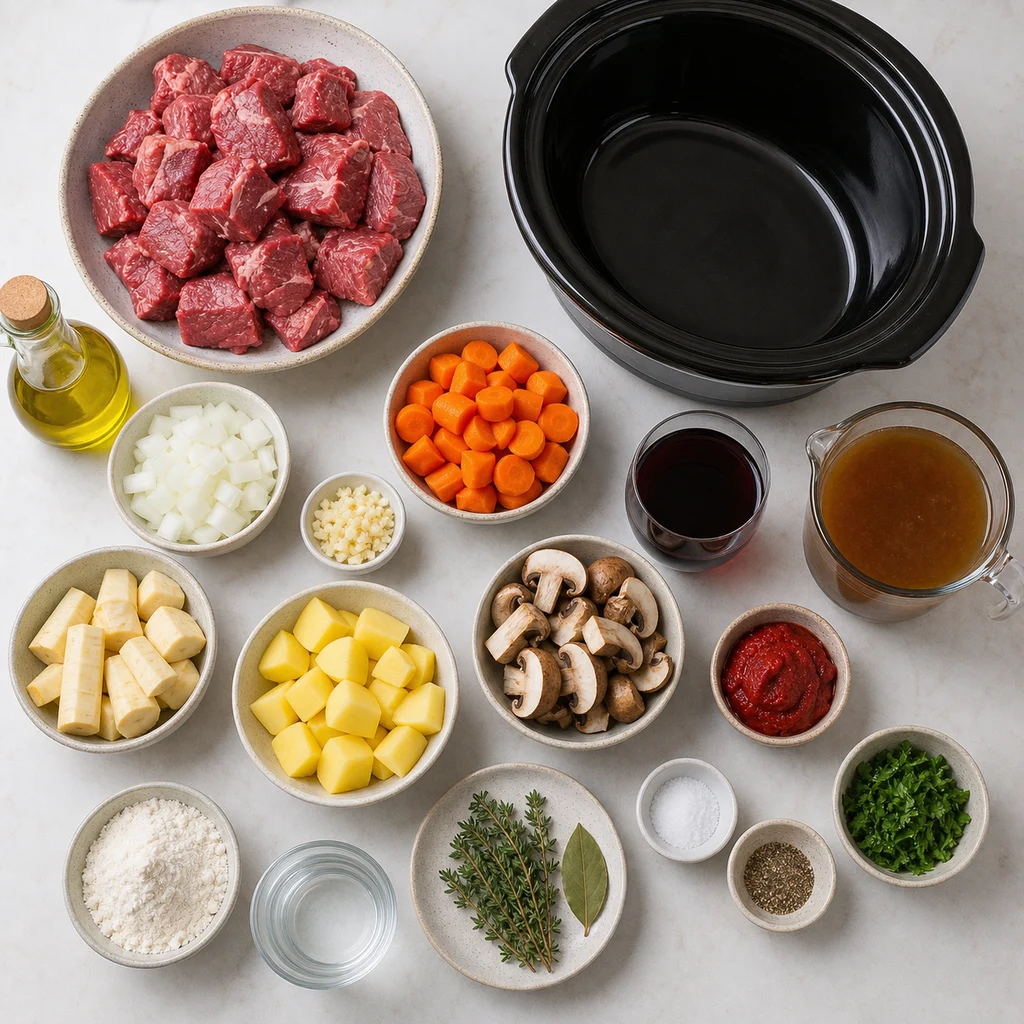 Ingredients for Hearty Beef and Root Vegetable Casserole with Red Wine and Thyme