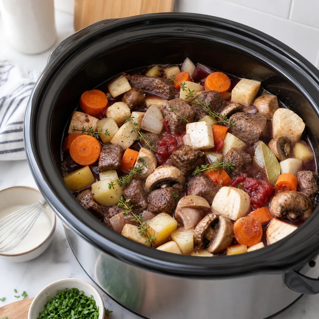 Hearty Beef and Root Vegetable Casserole with Red Wine and Thyme cooking in the recommended pan or pot