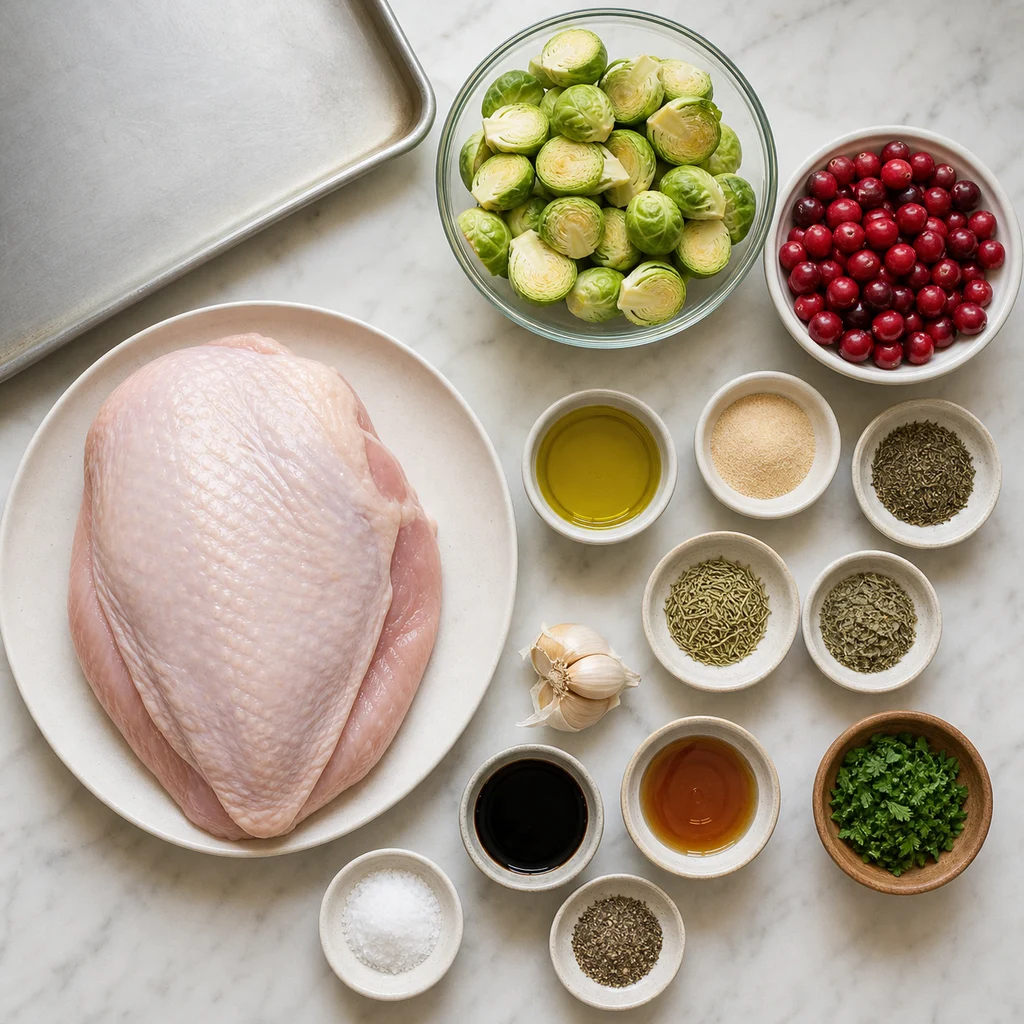 Ingredients for One-Pan Herb-Crusted Turkey Breast with Roasted Brussels Sprouts and Cranberries