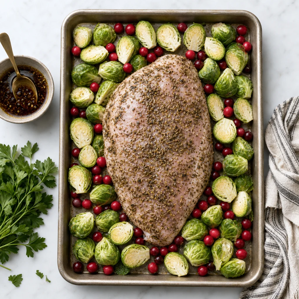One-Pan Herb-Crusted Turkey Breast with Roasted Brussels Sprouts and Cranberries cooking in the recommended pan or pot