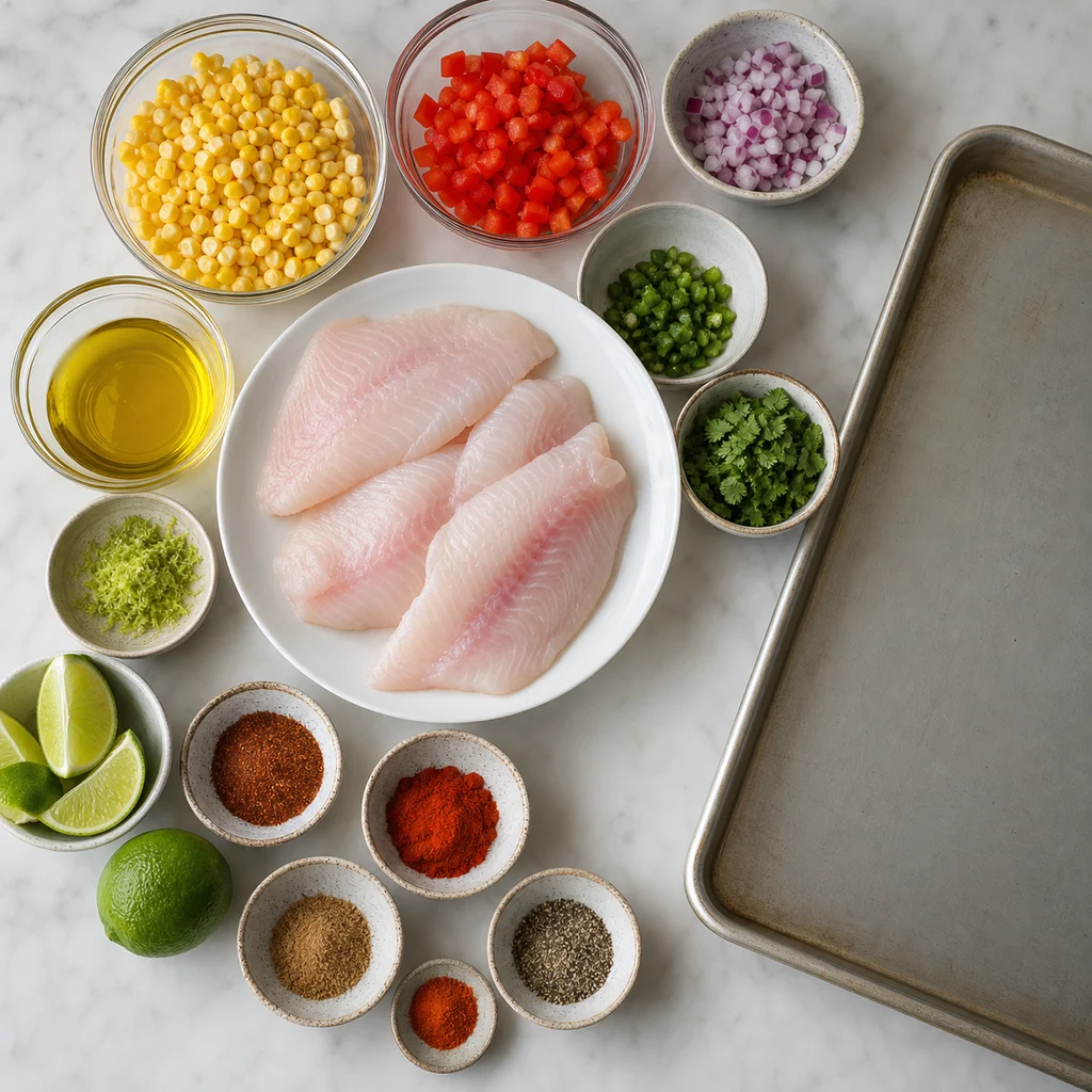 Ingredients for One-Pan Baked Chile Lime Tilapia with Roasted Corn Salad