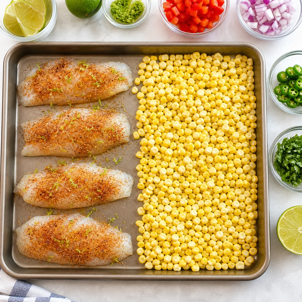 One-Pan Baked Chile Lime Tilapia with Roasted Corn Salad cooking in the recommended pan or pot