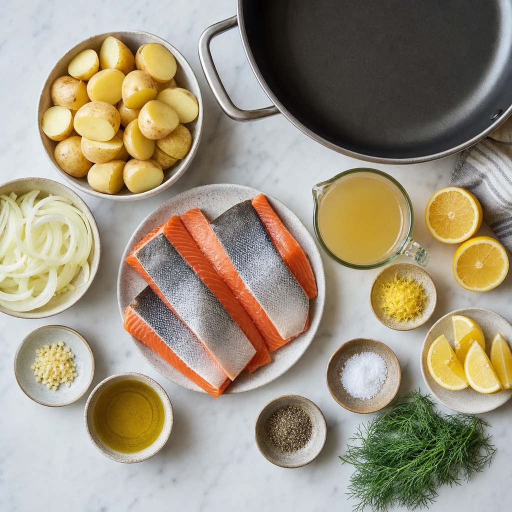 Ingredients for One-Pot Lemon Dill Arctic Char with New Potatoes
