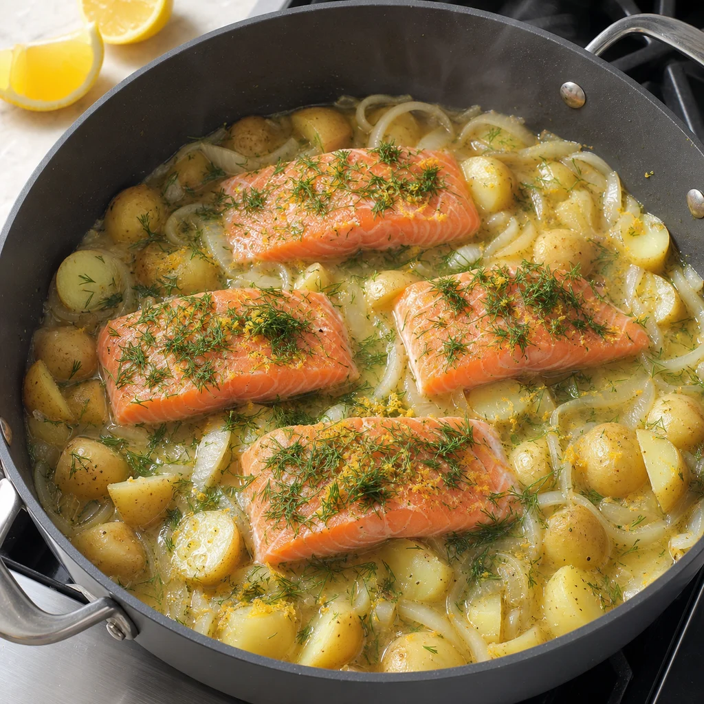 One-Pot Lemon Dill Arctic Char with New Potatoes cooking in the recommended pan or pot