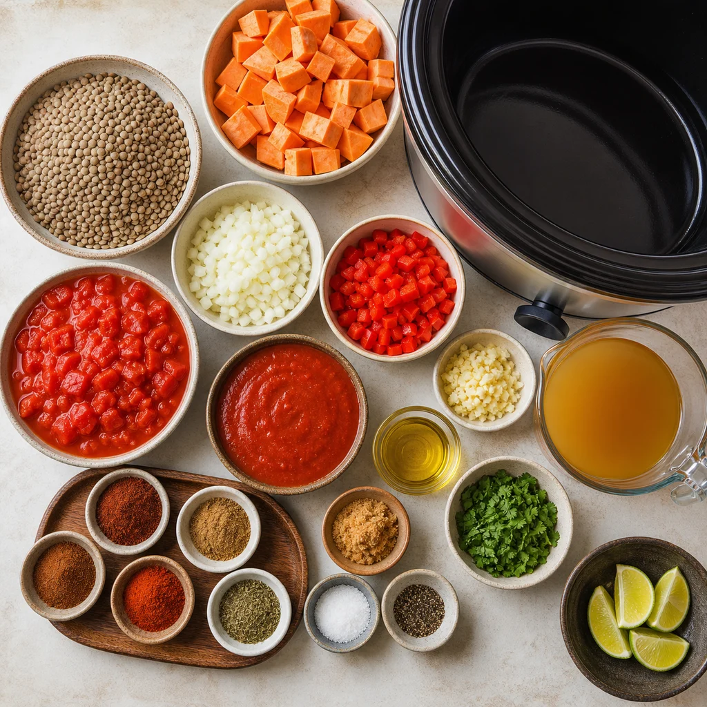 Ingredients for Slow Cooker Vegan Lentil and Sweet Potato Chili